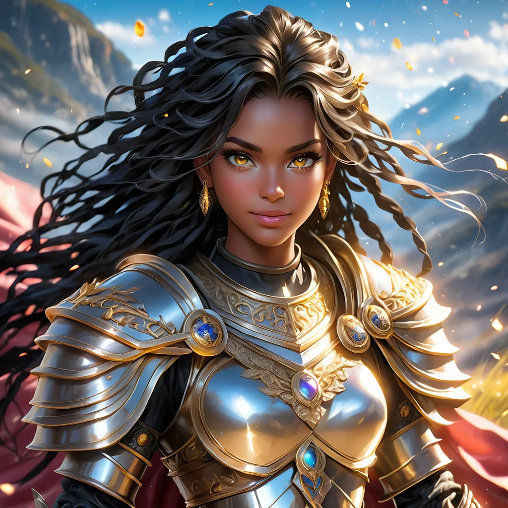 Prompt: Full body, oil painting, young 22 years old Human girl, black-skinned-female, Holy warrior ((beautiful detailed face and glowing anime eyes)), dreadlocks black hair, rosy cheeks, smiling, looking at the viewer| shinning silver plate mail holding magical longsword and shield, intricate hyper detailed hair, intricate hyper detailed eyelashes, intricate hyper detailed shining pupils, #3238, UHD, hd , 8k eyes, detailed face, big anime dreamy eyes, 8k eyes, intricate details, insanely detailed, masterpiece, cinematic lighting, 8k, complementary colors, golden ratio, octane render, volumetric lighting, unreal 5, artwork, concept art, cover, top model, light on hair colorful glamourous hyperdetailed battlefield background, intricate hyperdetailed breathtaking colorful glamorous scenic view landscape, ultra-fine details, hyper-focused, deep colors, dramatic lighting, ambient lighting god rays | by sakimi chan, artgerm, wlop, pixiv, tumblr, instagram, deviantart