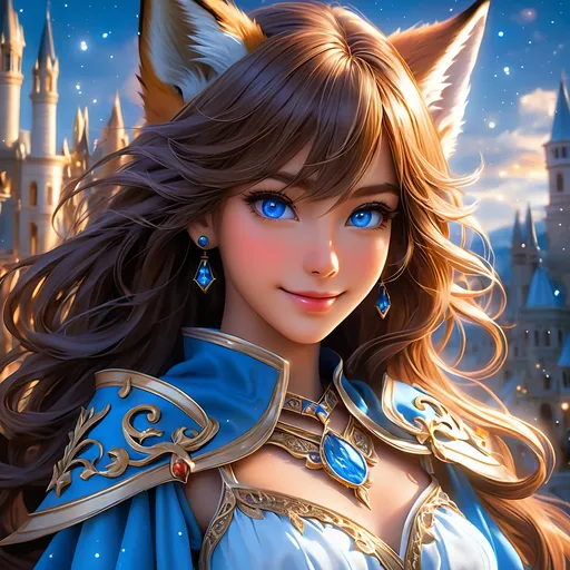 Prompt: full body, oil painting, fantasy, ((anthropomorphic furry fox girl)), tanned-furred-female, ((beautiful detailed face and glowing anime blue eyes)) dark hair, straight hair, fox ears, rosy cheeks, smiling, looking at the viewer| Elemental star wizard wearing intricate glowing blue and white dress casting a spell, #3238, UHD, hd , 8k eyes, detailed face, big anime dreamy eyes, 8k eyes, intricate details, insanely detailed, masterpiece, cinematic lighting, 8k, complementary colors, golden ratio, octane render, volumetric lighting, unreal 5, artwork, concept art, cover, top model, light on hair colorful glamourous hyperdetailed medieval city background, intricate hyperdetailed breathtaking colorful glamorous scenic view landscape, ultra-fine details, hyper-focused, deep colors, dramatic lighting, ambient lighting god rays | by sakimi chan, artgerm, wlop, pixiv, tumblr, instagram, deviantart