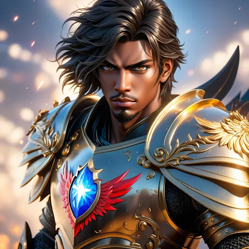 Prompt: Full Body, oil painting, fantasy, a black man with very short black hair with vibrant light hazel eyes, ((handsome detailed face and eyes)), large muscles warrior wearing armor ((wielding a large Glaive with both hands)), intricate hyper detailed hair, intricate hyper detailed eyelashes, intricate hyper detailed shining pupils #3238, UHD, hd , 8k eyes, detailed face, big anime dreamy eyes, 8k eyes, intricate details, insanely detailed, masterpiece, cinematic lighting, 8k, complementary colors, golden ratio, octane render, volumetric lighting, unreal 5, artwork, concept art, cover, top model, light on hair colorful glamourous hyperdetailed, ultra-fine details, intricate detailed battlefield background, hyper-focused, deep colors, dramatic lighting, ambient lighting god rays | by sakimi chan, artgerm, wlop, pixiv, tumblr, instagram, deviantart