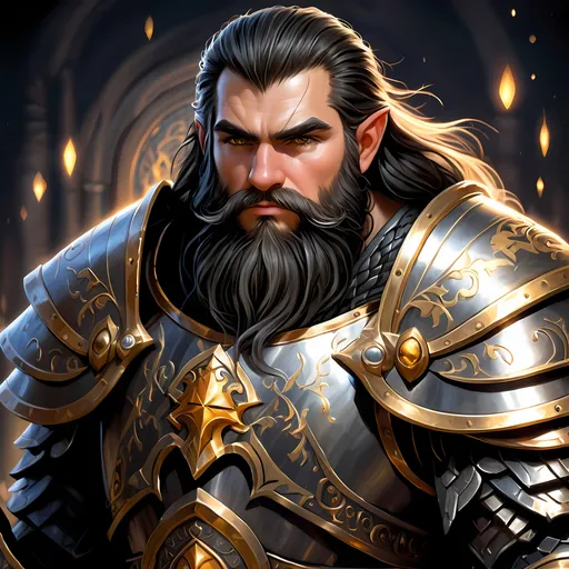 Prompt: Full body visible, oil painting, D&D fantasy, older years old ((Male)) Gold Dwarf, ((Stocky dwarf build, rugged older detailed face and hazel eyes)), Cleric, ((Short, stocky, slightly chubby, broad shoulders)), long straight black hair, long bushy black Dwarven beard, short pointed ears, determined look, looking at the viewer, intricate detailed black magical armour and using a large metal shield, intricate hyper detailed hair, intricate hyper detailed eyelashes, intricate hyper detailed shining pupils, #3238, UHD, hd , 8k eyes, detailed face, big anime dreamy eyes, 8k eyes, intricate details, insanely detailed, masterpiece, cinematic lighting, 8k, complementary colors, golden ratio, octane render, volumetric lighting, unreal 5, artwork, concept art, cover, top model, light on hair colorful glamourous hyperdetailed underground tunnel background, intricate hyperdetailed underground tunnel background, ultra-fine details, hyper-focused, deep colors, dramatic lighting, ambient lighting | by sakimi chan, artgerm, wlop, pixiv, tumblr, instagram, deviantart