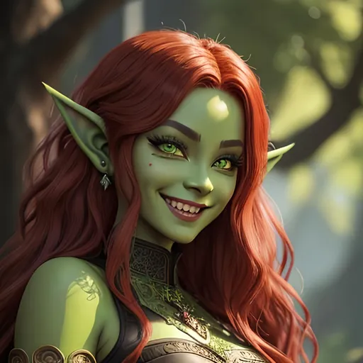 Prompt: ink painting, D&D fantasy, cute young green-skinned-goblin girl, green-skinned-female, short slender, beautiful, ((beautiful detailed face and large eyes)) long wavy fiery red hair, smiling, pointed ears, fangs, looking at the viewer, cleric wearing intricate adventurer outfit, intricate hyper detailed hair, intricate hyper detailed eyelashes, intricate hyper detailed shining pupils #3238, UHD, hd , 8k eyes, detailed face, big anime dreamy eyes, 8k eyes, intricate details, insanely detailed, masterpiece, cinematic lighting, 8k, complementary colors, golden ratio, octane render, volumetric lighting, unreal 5, artwork, concept art, cover, top model, light on hair colorful glamourous hyperdetailed medieval city background, intricate hyperdetailed breathtaking colorful glamorous scenic view landscape, ultra-fine details, hyper-focused, deep colors, dramatic lighting, ambient lighting god rays, flowers, garden | by sakimi chan, artgerm, wlop, pixiv, tumblr, instagram, deviantart