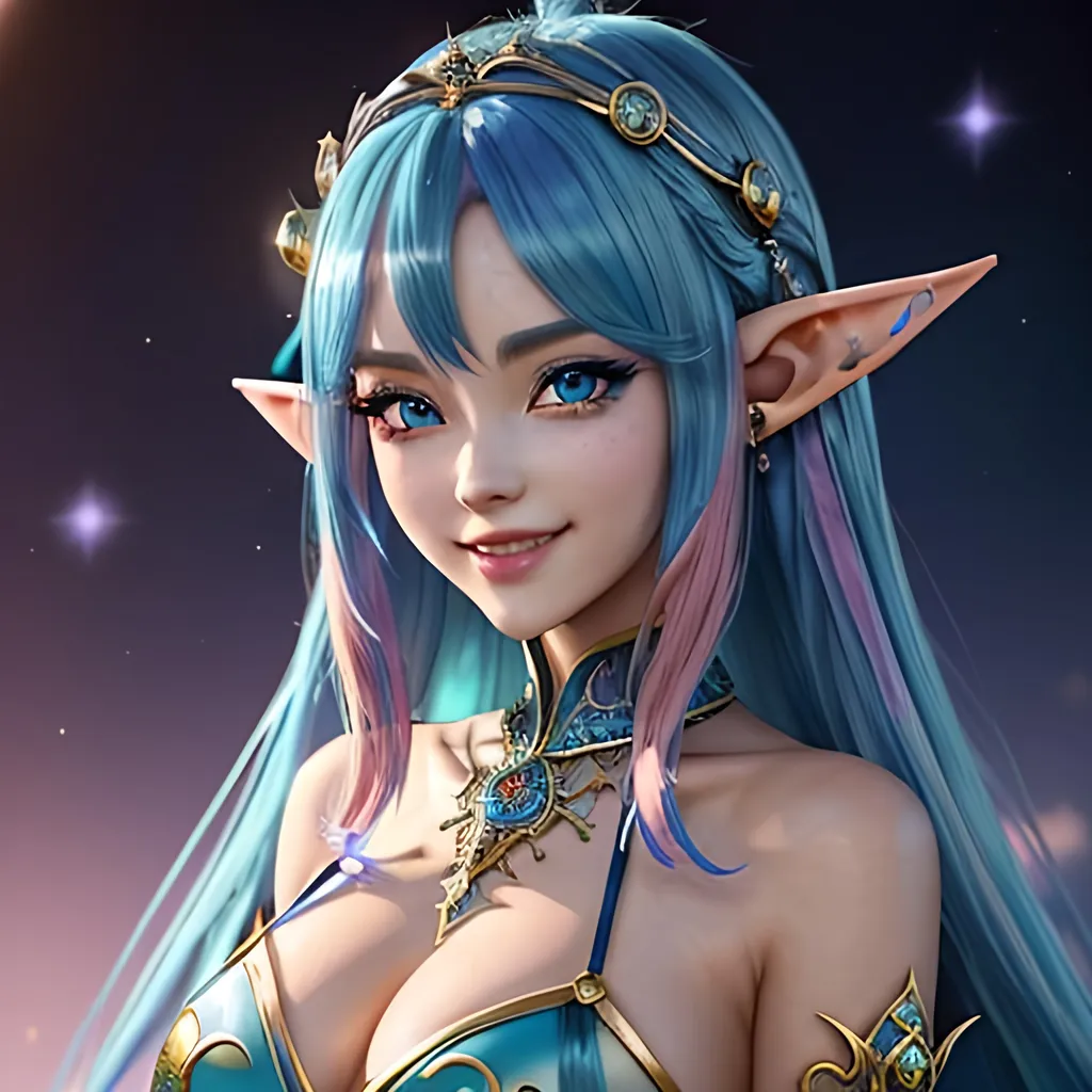 Prompt: masterpiece, splash art, ink painting, beautiful cute pop idol, D&D fantasy, (23 years old) elf girl, ((beautiful detailed face and large eyes)), mischievous grin, bright blue with bright pink highlights hair, long slender pointed ears, smiling looking at the viewer, wearing intricate detailed light blue sorceress dress and ((an intricate dark blue witches hat)) and casting an elemental ice spell, intricate hyper detailed hair, intricate hyper detailed eyelashes, intricate hyper detailed shining pupils #3238, UHD, hd , 8k eyes, detailed face, big anime dreamy eyes, 8k eyes, intricate details, insanely detailed, masterpiece, cinematic lighting, 8k, complementary colors, golden ratio, octane render, volumetric lighting, unreal 5, artwork, concept art, cover, top model, light on hair colorful glamourous hyperdetailed, intricate hyperdetailed breathtaking colorful glamorous scenic view landscape, ultra-fine details, hyper-focused, deep colors, dramatic lighting, ambient lighting god rays | by sakimi chan, artgerm, wlop, pixiv, tumblr, instagram, deviantart