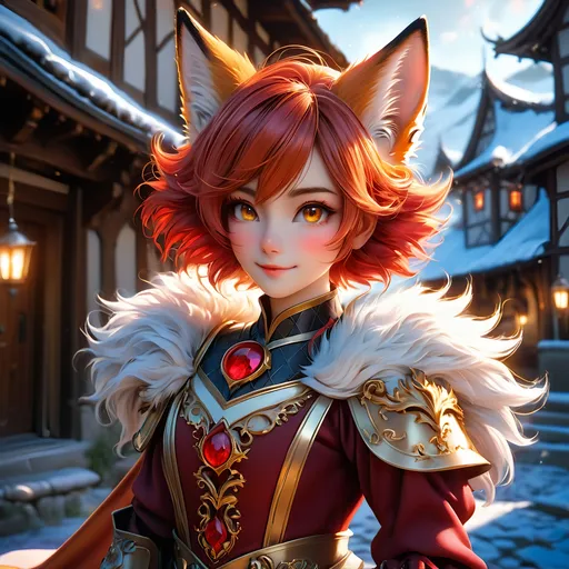 Prompt: Full body visible, oil painting, 26 years old ((anthropomorphic furry fox, Fantasy, Kitsune fox)), ((anthropomorphic)), detailed fuzzy red fur, ((beautiful detailed face with fox muzzle and anime eyes)), short fiery red pixie cut hair, grinning and pondering the universe, looking into the distance, intricate detailed wizard outfit, intricate hyper detailed hair, intricate hyper detailed eyelashes, intricate hyper detailed shining pupils, #3238, UHD, hd , 8k eyes, detailed face, big anime dreamy eyes, 8k eyes, intricate details, insanely detailed, masterpiece, cinematic lighting, 8k, complementary colors, golden ratio, octane render, volumetric lighting, unreal 5, artwork, concept art, cover, top model, light on hair colorful glamourous hyperdetailed medieval town background, intricate hyperdetailed medieval town background, ultra-fine details, hyper-focused, deep colors, dramatic lighting, ambient lighting | by sakimi chan, artgerm, wlop, pixiv, tumblr, instagram, deviantart