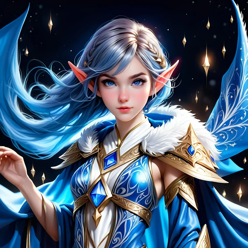 Prompt: Full Body, oil painting, D&D fantasy, very cute, 28 years old elf female ((fair-skinned-elf girl)) wizard, fair-skinned-female, slender, ((beautiful detailed face and large glowing blue eyes)), rosy cheeks, deep sapphire blue hair in a pixie cut, determined look, pointed ears, looking at the viewer, intricate detailed shapely blue and white flowing wizard robes, intricate hyper detailed hair, intricate hyper detailed eyelashes, intricate hyper detailed shining pupils #3238, UHD, hd , 8k eyes, detailed face, big anime dreamy eyes, 8k eyes, intricate details, insanely detailed, masterpiece, cinematic lighting, 8k, complementary colors, golden ratio, octane render, volumetric lighting, unreal 5, artwork, concept art, cover, top model, light on hair colorful glamourous hyperdetailed wizard's study background, intricate hyperdetailed breathtaking wizard's study background, ultra-fine details, hyper-focused, deep colors, dramatic lighting, ambient lighting god rays, | by sakimi chan, artgerm, wlop, pixiv, tumblr, instagram, deviantart