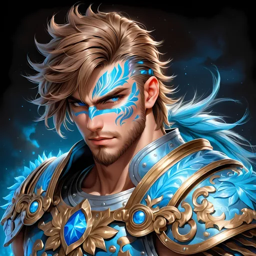 Prompt: Full Body, oil painting, fantasy, a human man with short cropped Dirty Brown hair tied back with vibrant light blue eyes, ((handsome detailed face and eyes)), large muscles warrior wearing Heavy armor, intricate hyper detailed hair, intricate hyper detailed eyelashes, intricate hyper detailed shining pupils #3238, UHD, hd , 8k eyes, detailed face, big anime dreamy eyes, 8k eyes, intricate details, insanely detailed, masterpiece, cinematic lighting, 8k, complementary colors, golden ratio, octane render, volumetric lighting, unreal 5, artwork, concept art, cover, top model, light on hair colorful glamourous hyperdetailed, ultra-fine details, intricate detailed battlefield background, hyper-focused, deep colors, dramatic lighting, ambient lighting god rays | by sakimi chan, artgerm, wlop, pixiv, tumblr, instagram, deviantart