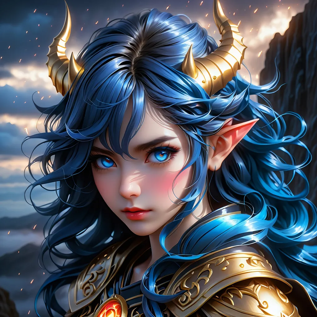 Prompt: Full body visible, oil painting, young 28 years old succubus demon girl, light-skinned-female, archer, ((beautiful detailed face and glowing anime eyes)), short royal blue hair, rosy cheeks, short Black demon horns, sad smile, looking at the viewer, intricate detailed Leather adventurers outfit, intricate hyper detailed hair, intricate hyper detailed eyelashes, intricate hyper detailed shining pupils, #3238, UHD, hd , 8k eyes, detailed face, big anime dreamy eyes, 8k eyes, intricate details, insanely detailed, masterpiece, cinematic lighting, 8k, complementary colors, golden ratio, octane render, volumetric lighting, unreal 5, artwork, concept art, cover, top model, light on hair colorful glamourous hyperdetailed standing on a cliff in a storm background, intricate hyperdetailed battlefield, ultra-fine details, hyper-focused, deep colors, dramatic lighting, ambient lighting | by sakimi chan, artgerm, wlop, pixiv, tumblr, instagram, deviantart