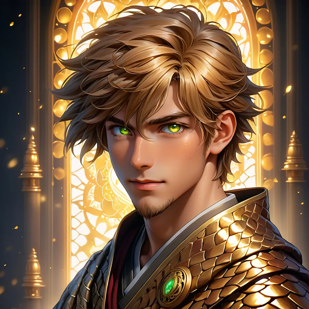 Prompt: Full body visible, oil painting, D&D fantasy, 22 years old mongrel man, ((Left side of the face covered in reptile scales)), ((rugged detailed face and glowing gold anime eyes)), short chestnut hair, wise smile, looking at the viewer, intricate detailed cloth monk robes, intricate hyper detailed hair, intricate hyper detailed eyelashes, intricate hyper detailed shining pupils, #3238, UHD, hd , 8k eyes, detailed face, big anime dreamy eyes, 8k eyes, intricate details, insanely detailed, masterpiece, cinematic lighting, 8k, complementary colors, golden ratio, octane render, volumetric lighting, unreal 5, artwork, concept art, cover, top model, light on hair colorful glamourous hyperdetailed house ruins background, intricate hyperdetailed house ruins background, ultra-fine details, hyper-focused, deep colors, dramatic lighting, ambient lighting | by sakimi chan, artgerm, wlop, pixiv, tumblr, instagram, deviantart