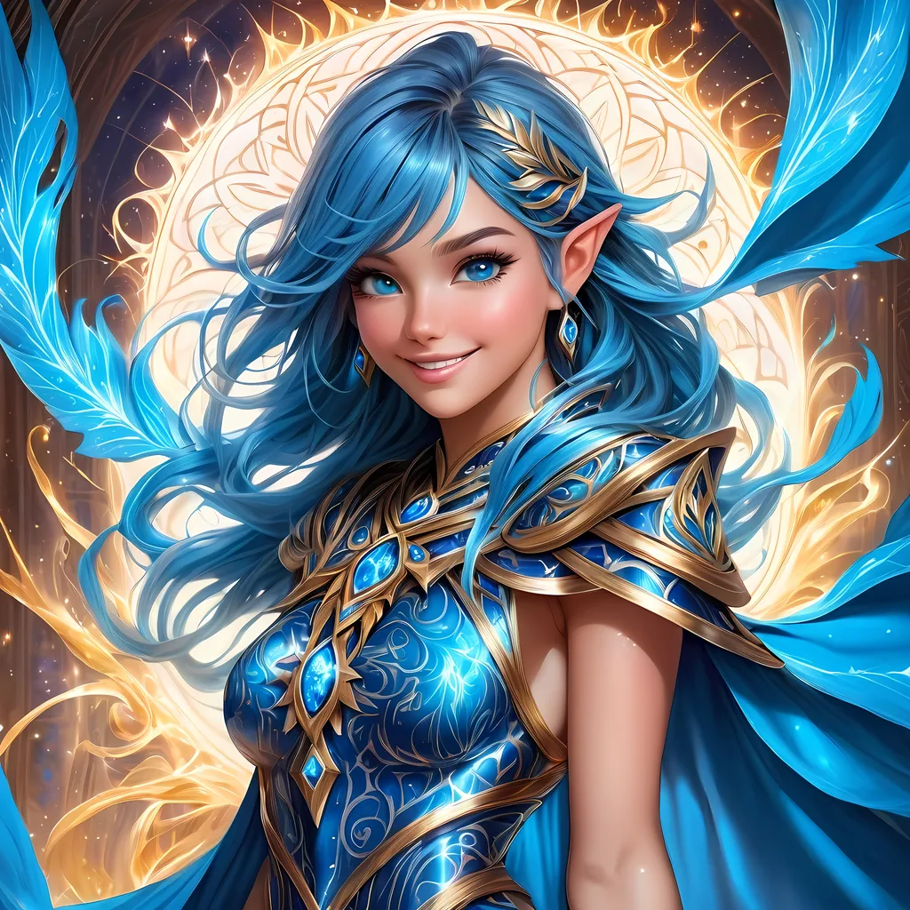 Prompt: Full body, oil painting, fantasy, Pixie girl, tanned-skinned-female, ((beautiful detailed face and glowing blue anime eyes)), bright straight blue hair, rosy cheeks, smiling, looking at the viewer, Elemental sorceress wearing intricate detailed blue robes casting a spell, intricate hyper detailed hair, intricate hyper detailed eyelashes, intricate hyper detailed shining pupils #3238, UHD, hd , 8k eyes, detailed face, big anime dreamy eyes, 8k eyes, intricate details, insanely detailed, masterpiece, cinematic lighting, 8k, complementary colors, golden ratio, octane render, volumetric lighting, unreal 5, artwork, concept art, cover, top model, light on hair colorful glamourous hyperdetailed forest background at night with stars, intricate hyperdetailed breathtaking colorful glamorous scenic view landscape, ultra-fine details, hyper-focused, deep colors, dramatic lighting, ambient lighting god rays, | by sakimi chan, artgerm, wlop, pixiv, tumblr, instagram, deviantart