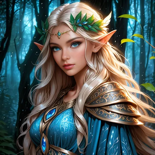 Prompt: Side Profile, fantasy, tanned-skinned-Elf ((Female)), tanned-skinned-female, ((beautiful detailed face and eyes)) Druid, perfect beautiful detailed face and eyes, long bright Hazel hair, and with vibrant Blue eyes with a very stern and serious face looking at the viewer, wearing skimpy dress standing in a Dark forest at night in the pouring rain, intricate hyper detailed hair, intricate hyper detailed eyelashes, intricate hyper detailed shining pupils #3238, UHD, hd , 8k eyes, detailed face, big anime dreamy eyes, 8k eyes, intricate details, insanely detailed, masterpiece, cinematic lighting, 8k, complementary colours, golden ratio, octane render, volumetric lighting, unreal 5, artwork, concept art, cover, top model, light on hair colourful glamorous hyper detailed, intricate hyper detailed breathtaking colourful glamorous scenic view landscape, ultra-fine details, hyper-focused, deep colours, dramatic lighting, ambient lighting god rays,