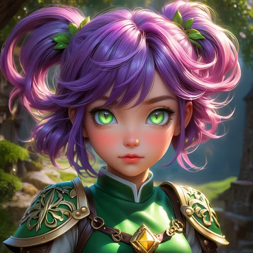 Prompt: Full body, oil painting, D&D fantasy, tanned-skinned-gnome girl, tanned-skinned-female, ((tiny short petite chibi body)), ((beautiful detailed face and glowing anime green eyes)), very cute, determined look, short bright purple hair, ponytail, pointed ears, looking at the viewer, Ranger wearing intricate red and green adventurer's leather, intricate hyper detailed hair, intricate hyper detailed eyelashes, intricate hyper detailed shining pupils #3238, UHD, hd , 8k eyes, detailed face, big anime dreamy eyes, 8k eyes, intricate details, insanely detailed, masterpiece, cinematic lighting, 8k, complementary colors, golden ratio, octane render, volumetric lighting, unreal 5, artwork, concept art, cover, top model, light on hair colorful glamourous hyperdetailed medieval tavern background, intricate hyperdetailed breathtaking colorful glamorous scenic view landscape, ultra-fine details, hyper-focused, deep colors, dramatic lighting, ambient lighting god rays | by sakimi chan, artgerm, wlop, pixiv, tumblr, instagram, deviantart