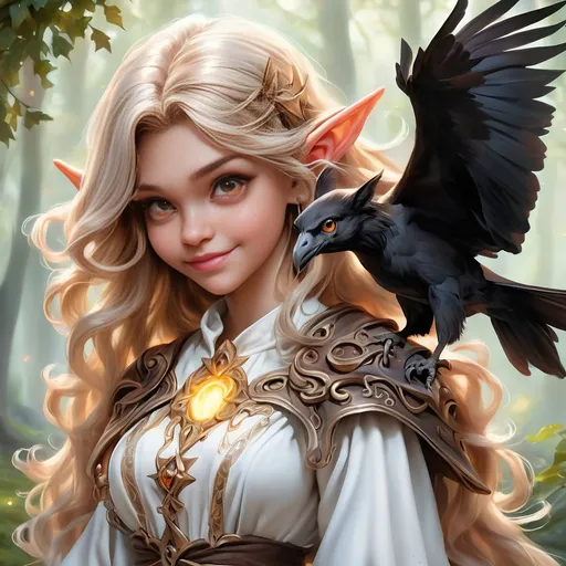 Prompt: Full Body, oil painting, D&D fantasy, very cute, 16 years old half-female ((light-skinned-elf girl)) Witch, light-skinned-female, ((beautiful detailed face and large glowing brown eyes)), Spectacles, long rich brown hair, small short pointed ears, ((large tusks)), Smiling but Determined while speaking to her raven familiar, intricate detailed shapely ((Bright White Witches robes)), intricate hyper detailed hair, intricate hyper detailed eyelashes, intricate hyper detailed shining pupils #3238, UHD, hd , 8k eyes, detailed face, big anime dreamy eyes, 8k eyes, intricate details, insanely detailed, masterpiece, cinematic lighting, 8k, complementary colors, golden ratio, octane render, volumetric lighting, unreal 5, artwork, concept art, cover, top model, light on hair colorful glamourous hyperdetailed  inside a Wizard tower background, intricate hyperdetailed inside of a Wizard tower background, ultra-fine details, hyper-focused, deep colors, dramatic lighting, ambient lighting god rays, | by sakimi chan, artgerm, wlop, pixiv, tumblr, instagram, deviantart