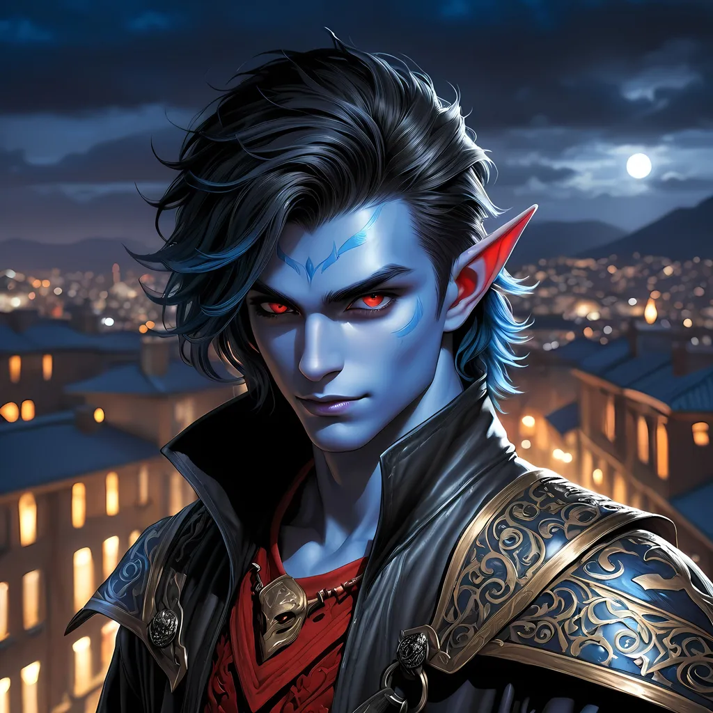 Prompt: Full body visible, oil painting, D&D Fantasy, young 20 years old Tiefling male, ((Fully blue-skinned-Male, blue-skinned-Male)), Thief, ((handsome and boyish detailed face and red eyes)), short tousled black hair, Boyish rogueish grin, looking at the viewer, Black sleek leather clothing wielding an intricate dagger on a rooftop at night, intricate hyper detailed hair, intricate hyper detailed eyelashes, intricate hyper detailed shining pupils, #3238, UHD, hd , 8k eyes, detailed face, big anime dreamy eyes, 8k eyes, intricate details, insanely detailed, masterpiece, cinematic lighting, 8k, complementary colors, golden ratio, octane render, volumetric lighting, unreal 5, artwork, concept art, cover, top model, light on hair colorful glamourous hyperdetailed rooftop at night background, intricate hyperdetailed rooftop at night background, ultra-fine details, hyper-focused, deep colors, dramatic lighting, ambient lighting | by sakimi chan, artgerm, wlop, pixiv, tumblr, instagram, deviantart