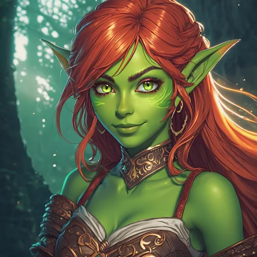 Prompt: ink painting, D&D fantasy, cute young ((green-skinned-goblin girl)), green-skinned-female, short petite body slender, beautiful, ((beautiful detailed face and large anime eyes)) long wavy fiery red hair, smiling, pointed ears, looking at the viewer, cleric wearing intricate adventurer outfit, intricate hyper detailed hair, intricate hyper detailed eyelashes, intricate hyper detailed shining pupils #3238, UHD, hd , 8k eyes, detailed face, big anime dreamy eyes, 8k eyes, intricate details, insanely detailed, masterpiece, cinematic lighting, 8k, complementary colors, golden ratio, octane render, volumetric lighting, unreal 5, artwork, concept art, cover, top model, light on hair colorful glamourous hyperdetailed, intricate hyperdetailed breathtaking colorful glamorous scenic view landscape, ultra-fine details, hyper-focused, deep colors, dramatic lighting, ambient lighting god rays, | by sakimi chan, artgerm, wlop, pixiv, tumblr, instagram, deviantart