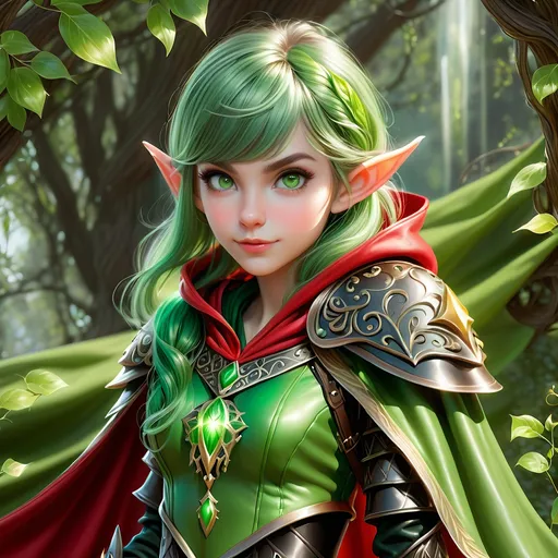 Prompt: Full Body, oil painting, D&D fantasy, very cute, 28 years old gnome female ((fair-skinned-elf girl)) Thief, fair-skinned-female, slender, ((beautiful detailed face and large glowing green eyes)), rosy cheeks, deep Emerald green hair in a pixie cut, determined look, small pointed ears, looking at the viewer, intricate detailed shapely black leather armor and long red cape, intricate hyper detailed hair, intricate hyper detailed eyelashes, intricate hyper detailed shining pupils #3238, UHD, hd , 8k eyes, detailed face, big anime dreamy eyes, 8k eyes, intricate details, insanely detailed, masterpiece, cinematic lighting, 8k, complementary colors, golden ratio, octane render, volumetric lighting, unreal 5, artwork, concept art, cover, top model, light on hair colorful glamourous hyperdetailed tavern, intricate hyperdetailed tavern background, ultra-fine details, hyper-focused, deep colors, dramatic lighting, ambient lighting god rays, | by sakimi chan, artgerm, wlop, pixiv, tumblr, instagram, deviantart