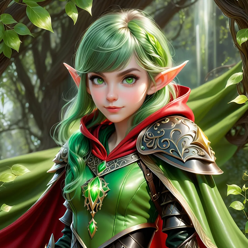 Prompt: Full Body, oil painting, D&D fantasy, very cute, 28 years old gnome female ((fair-skinned-elf girl)) Thief, fair-skinned-female, slender, ((beautiful detailed face and large glowing green eyes)), rosy cheeks, deep Emerald green hair in a pixie cut, determined look, small pointed ears, looking at the viewer, intricate detailed shapely black leather armor and long red cape, intricate hyper detailed hair, intricate hyper detailed eyelashes, intricate hyper detailed shining pupils #3238, UHD, hd , 8k eyes, detailed face, big anime dreamy eyes, 8k eyes, intricate details, insanely detailed, masterpiece, cinematic lighting, 8k, complementary colors, golden ratio, octane render, volumetric lighting, unreal 5, artwork, concept art, cover, top model, light on hair colorful glamourous hyperdetailed tavern, intricate hyperdetailed tavern background, ultra-fine details, hyper-focused, deep colors, dramatic lighting, ambient lighting god rays, | by sakimi chan, artgerm, wlop, pixiv, tumblr, instagram, deviantart