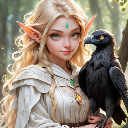 Prompt: Full Body, oil painting, D&D fantasy, very cute, 16 years old half-female ((light-skinned-elf girl)) Witch, light-skinned-female, ((beautiful detailed face and large glowing black eyes)), long rich blonde hair, long elven ears, ((large tusks)), Sad Smiling but Determined while speaking to her raven familiar, intricate detailed shapely ((Bright White Witches robes)), intricate hyper detailed hair, intricate hyper detailed eyelashes, intricate hyper detailed shining pupils #3238, UHD, hd , 8k eyes, detailed face, big anime dreamy eyes, 8k eyes, intricate details, insanely detailed, masterpiece, cinematic lighting, 8k, complementary colors, golden ratio, octane render, volumetric lighting, unreal 5, artwork, concept art, cover, top model, light on hair colorful glamourous hyperdetailed  inside a Wizard tower background, intricate hyperdetailed inside of a Wizard tower background, ultra-fine details, hyper-focused, deep colors, dramatic lighting, ambient lighting god rays, | by sakimi chan, artgerm, wlop, pixiv, tumblr, instagram, deviantart