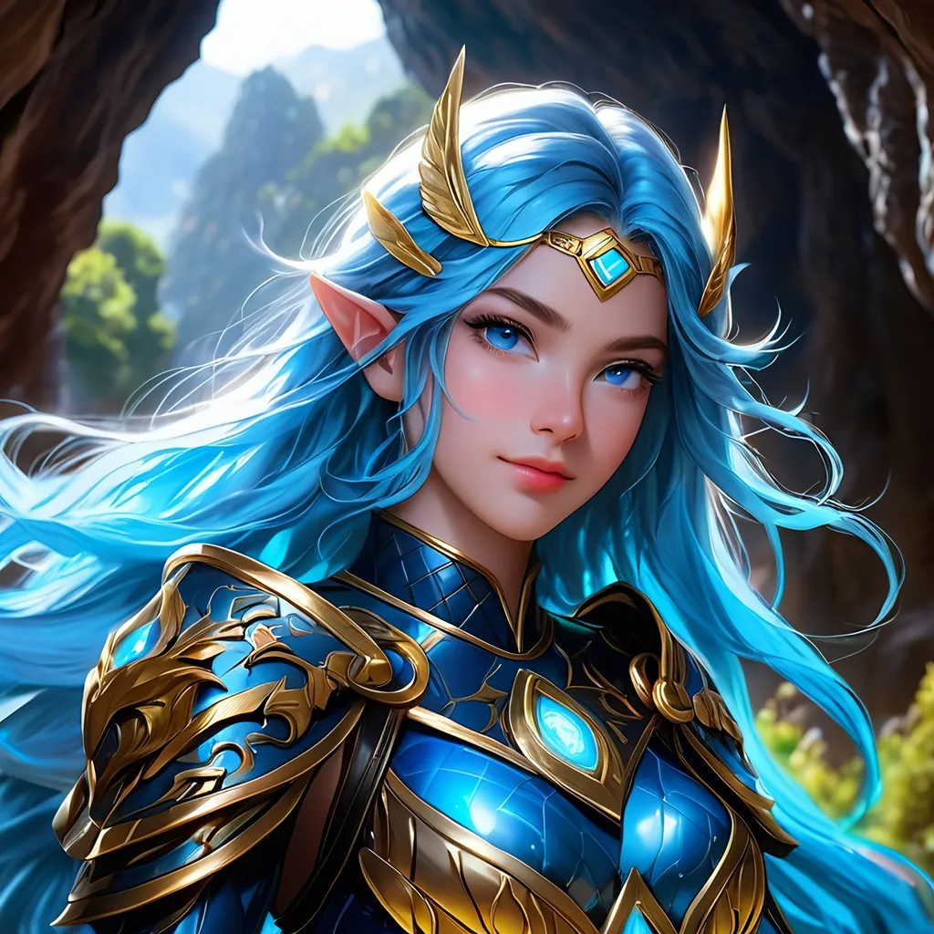 Prompt: Full body visible, oil painting, young 20 years old girl, ((blue-skinned-female)), archer, ((blue-skinned-female)), ((beautiful detailed face and glowing gold anime eyes)), short dark black hair, predatory smile, looking at the viewer, intricate detailed leather clothes, intricate hyper detailed hair, intricate hyper detailed eyelashes, intricate hyper detailed shining pupils, #3238, UHD, hd , 8k eyes, detailed face, big anime dreamy eyes, 8k eyes, intricate details, insanely detailed, masterpiece, cinematic lighting, 8k, complementary colors, golden ratio, octane render, volumetric lighting, unreal 5, artwork, concept art, cover, top model, light on hair colorful glamourous hyperdetailed cave background, intricate hyperdetailed cave background, ultra-fine details, hyper-focused, deep colors, dramatic lighting, ambient lighting | by sakimi chan, artgerm, wlop, pixiv, tumblr, instagram, deviantart