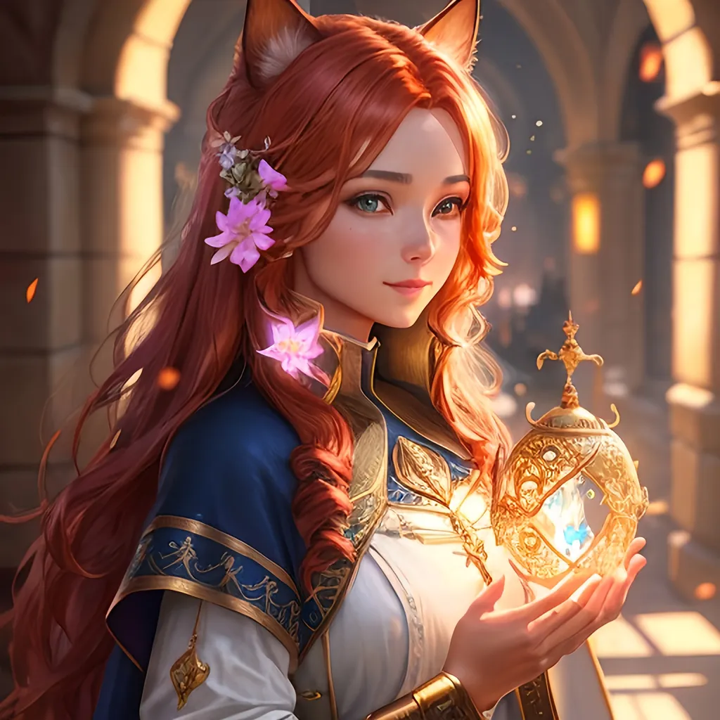 Prompt: oil painting, fantasy, Human girl, tanned-skinned-female, beautiful, red hair, straight hair, cat ears, rosy cheeks, smiling, looking at the viewer| Elemental star cleric wearing intricate glowing blue and white holy robes casting a healing spell, #3238, UHD, hd , 8k eyes, detailed face, big anime dreamy eyes, 8k eyes, intricate details, insanely detailed, masterpiece, cinematic lighting, 8k, complementary colors, golden ratio, octane render, volumetric lighting, unreal 5, artwork, concept art, cover, top model, light on hair colorful glamourous hyperdetailed medieval city background, intricate hyperdetailed breathtaking colorful glamorous scenic view landscape, ultra-fine details, hyper-focused, deep colors, dramatic lighting, ambient lighting god rays, flowers, garden | by sakimi chan, artgerm, wlop, pixiv, tumblr, instagram, deviantart