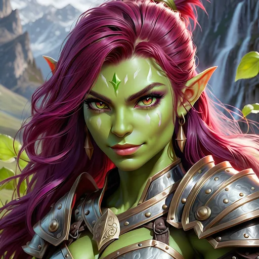 Prompt: Full Body, oil painting, D&D fantasy, very cute, 28 years old orc female ((green-skinned-orc girl)) Warrior, green-skinned-female, ((beautiful detailed face and large glowing red eyes)), rosy cheeks and nose, deep long purple hair, Wry grin, small pointed ears, ((large tusks)), looking at the viewer, intricate detailed shapely ((black plate armor)), intricate hyper detailed hair, intricate hyper detailed eyelashes, intricate hyper detailed shining pupils #3238, UHD, hd , 8k eyes, detailed face, big anime dreamy eyes, 8k eyes, intricate details, insanely detailed, masterpiece, cinematic lighting, 8k, complementary colors, golden ratio, octane render, volumetric lighting, unreal 5, artwork, concept art, cover, top model, light on hair colorful glamourous hyperdetailed tavern, intricate hyperdetailed tavern background, ultra-fine details, hyper-focused, deep colors, dramatic lighting, ambient lighting god rays, | by sakimi chan, artgerm, wlop, pixiv, tumblr, instagram, deviantart