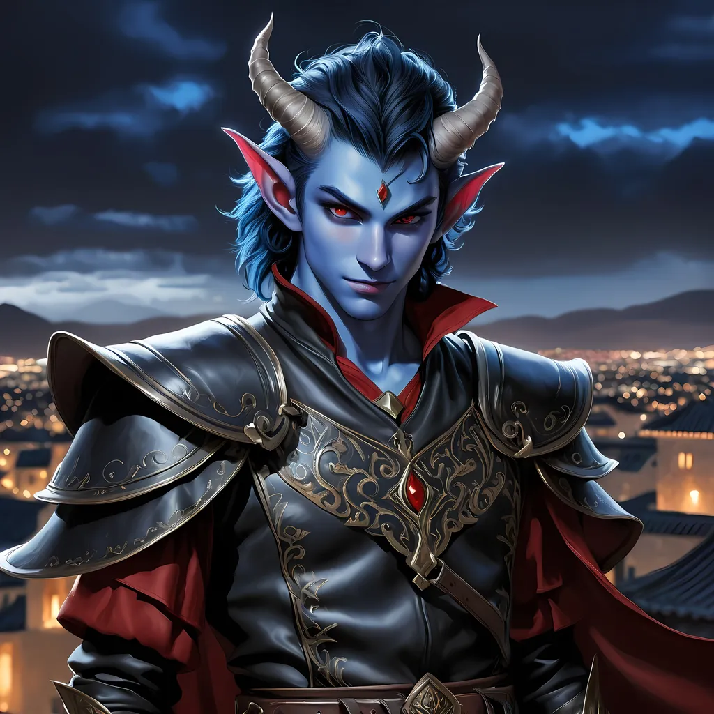 Prompt: Full body visible, oil painting, D&D Fantasy, young 20 years old Tiefling male, ((Fully blue-skinned-Male, blue-skinned-Male)), Thief, ((handsome and boyish detailed face and red eyes, Tiefling horns)), short tousled black hair, Boyish rogueish grin, looking at the viewer, Black sleek leather clothing wielding an intricate dagger on a rooftop at night, intricate hyper detailed hair, intricate hyper detailed eyelashes, intricate hyper detailed shining pupils, #3238, UHD, hd , 8k eyes, detailed face, big anime dreamy eyes, 8k eyes, intricate details, insanely detailed, masterpiece, cinematic lighting, 8k, complementary colors, golden ratio, octane render, volumetric lighting, unreal 5, artwork, concept art, cover, top model, light on hair colorful glamourous hyperdetailed rooftop at night background, intricate hyperdetailed rooftop at night background, ultra-fine details, hyper-focused, deep colors, dramatic lighting, ambient lighting | by sakimi chan, artgerm, wlop, pixiv, tumblr, instagram, deviantart