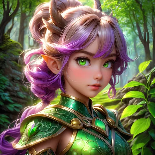 Prompt: Full body, oil painting, D&D fantasy, tanned-skinned-gnome girl, tanned-skinned-female, ((tiny short petite chibi body)), ((beautiful detailed face and glowing anime green eyes)), very cute, determined look, short bright purple hair, ponytail, antlers in hair, pointed ears, looking at the viewer, Druid wearing intricate brown and green forest leather armor and dress, intricate hyper detailed hair, intricate hyper detailed eyelashes, intricate hyper detailed shining pupils #3238, UHD, hd , 8k eyes, detailed face, big anime dreamy eyes, 8k eyes, intricate details, insanely detailed, masterpiece, cinematic lighting, 8k, complementary colors, golden ratio, octane render, volumetric lighting, unreal 5, artwork, concept art, cover, top model, light on hair colorful glamourous hyperdetailed medieval tavern background, intricate hyperdetailed breathtaking colorful glamorous scenic view landscape, ultra-fine details, hyper-focused, deep colors, dramatic lighting, ambient lighting god rays | by sakimi chan, artgerm, wlop, pixiv, tumblr, instagram, deviantart