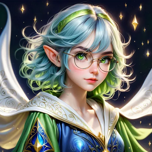 Prompt: Full Body, oil painting, D&D fantasy, very cute, young 28 years old elf female ((fair-skinned-elf girl)) wizard, fair-skinned-female, slender, ((beautiful detailed face and large glowing green eyes)), rosy cheeks, reading glasses, deep sapphire blue hair in a pixie cut, determined look, pointed ears, looking at the viewer, intricate detailed shapely light blue and white flowing wizard robes, intricate hyper detailed hair, intricate hyper detailed eyelashes, intricate hyper detailed shining pupils #3238, UHD, hd , 8k eyes, detailed face, big anime dreamy eyes, 8k eyes, intricate details, insanely detailed, masterpiece, cinematic lighting, 8k, complementary colors, golden ratio, octane render, volumetric lighting, unreal 5, artwork, concept art, cover, top model, light on hair colorful glamourous hyperdetailed wizard's study background, intricate hyperdetailed breathtaking wizard's study background, ultra-fine details, hyper-focused, deep colors, dramatic lighting, ambient lighting god rays, | by sakimi chan, artgerm, wlop, pixiv, tumblr, instagram, deviantart