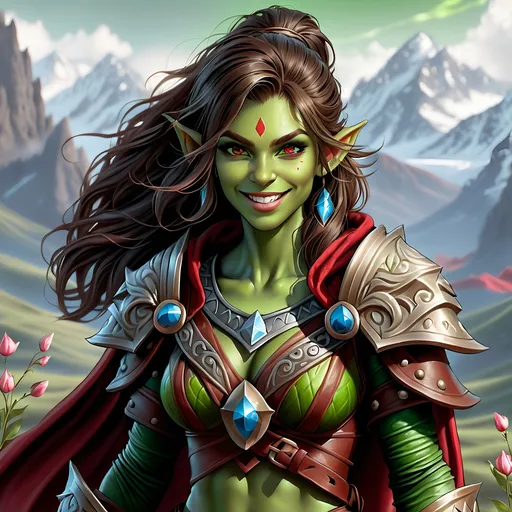 Prompt: Full Body, oil painting, D&D fantasy, very cute, 22 years old orc female ((green-skinned-orc girl)) Bard, green-skinned-female, ((beautiful detailed face and large glowing red eyes)), Pious, rosy cheeks and nose,  long rich dark hair, small pointed ears, ((large tusks)), laughing and singing, intricate detailed shapely ((leather bard clothes)), intricate hyper detailed hair, intricate hyper detailed eyelashes, intricate hyper detailed shining pupils #3238, UHD, hd , 8k eyes, detailed face, big anime dreamy eyes, 8k eyes, intricate details, insanely detailed, masterpiece, cinematic lighting, 8k, complementary colors, golden ratio, octane render, volumetric lighting, unreal 5, artwork, concept art, cover, top model, light on hair colorful glamourous hyperdetailed Tavern background, intricate hyperdetailed Tavern background, ultra-fine details, hyper-focused, deep colors, dramatic lighting, ambient lighting god rays, | by sakimi chan, artgerm, wlop, pixiv, tumblr, instagram, deviantart