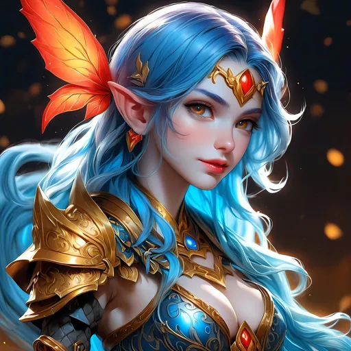 Prompt: Full body visible, oil painting, D&D Fantasy, young 20 years old Gnome girl, ((Fully blue-skinned-female, blue-skinned-female, Blue elf ears)), ((beautiful detailed face and glowing gold anime eyes)), short dyed Vibrant brilliant fiery red hair with brilliant blue highlights and extra long sideburns, predatory grin, looking at the viewer, Cleavage, perky, real, Brown leather armour with a bow, intricate hyper detailed hair, intricate hyper detailed eyelashes, intricate hyper detailed shining pupils, #3238, UHD, hd , 8k eyes, detailed face, big anime dreamy eyes, 8k eyes, intricate details, insanely detailed, masterpiece, cinematic lighting, 8k, complementary colors, golden ratio, octane render, volumetric lighting, unreal 5, artwork, concept art, cover, top model, light on hair colorful glamourous hyperdetailed cave background, intricate hyperdetailed cave background, ultra-fine details, hyper-focused, deep colors, dramatic lighting, ambient lighting | by sakimi chan, artgerm, wlop, pixiv, tumblr, instagram, deviantart