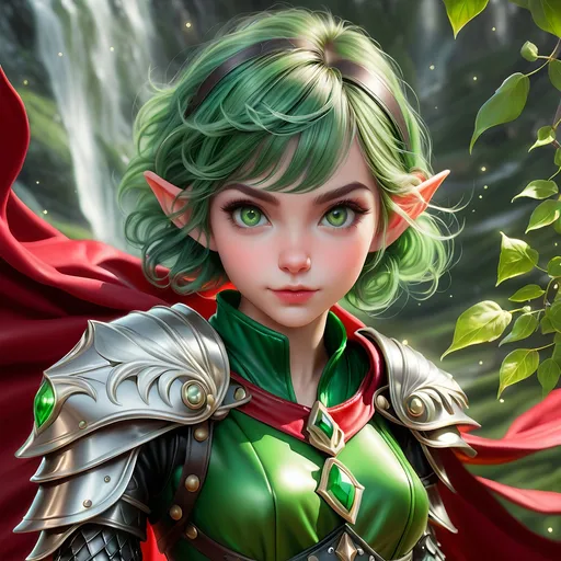 Prompt: Full Body, oil painting, D&D fantasy, very cute, 22 years old gnome female ((fair-skinned-gnome girl)), ((tiny petite body)), Thief, fair-skinned-female, slender, ((beautiful detailed face and large glowing green eyes)), rosy cheeks, deep Emerald green hair in a pixie cut, determined look, small pointed ears, looking at the viewer, intricate detailed shapely black leather armor and long red cape, intricate hyper detailed hair, intricate hyper detailed eyelashes, intricate hyper detailed shining pupils #3238, UHD, hd , 8k eyes, detailed face, big anime dreamy eyes, 8k eyes, intricate details, insanely detailed, masterpiece, cinematic lighting, 8k, complementary colors, golden ratio, octane render, volumetric lighting, unreal 5, artwork, concept art, cover, top model, light on hair colorful glamourous hyperdetailed tavern, intricate hyperdetailed tavern background, ultra-fine details, hyper-focused, deep colors, dramatic lighting, ambient lighting god rays, | by sakimi chan, artgerm, wlop, pixiv, tumblr, instagram, deviantart