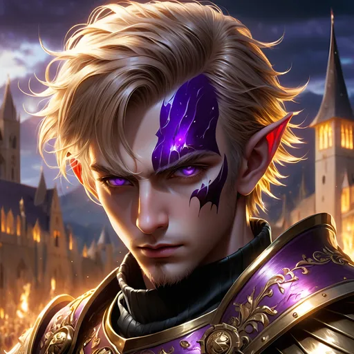 Prompt: Full body visible, oil painting, D&D fantasy, older rugged dignified looking pale-skinned-gnome man, pale-skinned-gnome male, short, clean shaven, ((handsome detailed face and golden eyes)), ((short rich purple hair, cropped hair)), ready for battle, pointed ears, looking at the viewer, ((warrior wearing intricate dark black devil themed armor)), intricate hyper detailed hair, intricate hyper detailed eyelashes, intricate hyper detailed shining pupils #3238, UHD, hd , 8k eyes, detailed face, big anime dreamy eyes, 8k eyes, intricate details, insanely detailed, masterpiece, cinematic lighting, 8k, complementary colors, golden ratio, octane render, volumetric lighting, unreal 5, artwork, concept art, cover, top model, light on hair colorful glamourous hyperdetailed medieval city background, intricate hyperdetailed breathtaking bloodied war torn view landscape, ultra-fine details, hyper-focused, deep colors, dramatic lighting, ambient lighting god rays | by sakimi chan, artgerm, wlop, pixiv, tumblr, instagram, deviantart