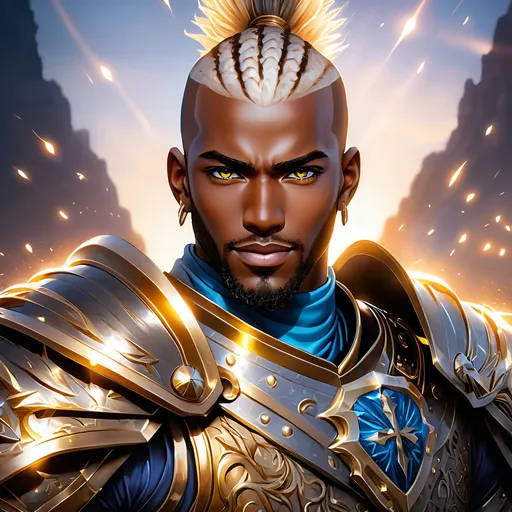 Prompt: Full Body, oil painting, fantasy, black man with shaved head with vibrant light hazel eyes, ((handsome detailed face and eyes)), big smile, clean shaven clean shaven, large muscles warrior wearing armor ((wielding a large Glaive with both hands)), intricate hyper detailed hair, intricate hyper detailed eyelashes, intricate hyper detailed shining pupils #3238, UHD, hd , 8k eyes, detailed face, big anime dreamy eyes, 8k eyes, intricate details, insanely detailed, masterpiece, cinematic lighting, 8k, complementary colors, golden ratio, octane render, volumetric lighting, unreal 5, artwork, concept art, cover, top model, light on hair colorful glamourous hyperdetailed, ultra-fine details, intricate detailed battlefield background, hyper-focused, deep colors, dramatic lighting, ambient lighting god rays | by sakimi chan, artgerm, wlop, pixiv, tumblr, instagram, deviantart