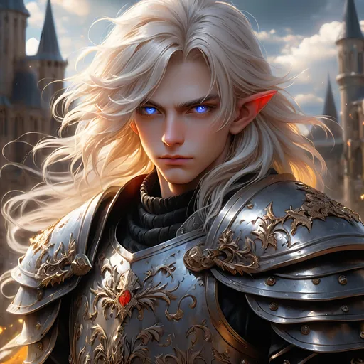 Prompt: Full body visible, oil painting, D&D fantasy, older rugged looking pale-skinned-gnome man, pale-skinned-gnome male, short, clean shaven, ((handsome detailed face and eyes)), short bright white hair, cropped hair, ready for battle, pointed ears, looking at the viewer, warrior wearing intricate dark black devil themed armor, intricate hyper detailed hair, intricate hyper detailed eyelashes, intricate hyper detailed shining pupils #3238, UHD, hd , 8k eyes, detailed face, big anime dreamy eyes, 8k eyes, intricate details, insanely detailed, masterpiece, cinematic lighting, 8k, complementary colors, golden ratio, octane render, volumetric lighting, unreal 5, artwork, concept art, cover, top model, light on hair colorful glamourous hyperdetailed medieval city background, intricate hyperdetailed breathtaking bloodied war torn view landscape, ultra-fine details, hyper-focused, deep colors, dramatic lighting, ambient lighting god rays | by sakimi chan, artgerm, wlop, pixiv, tumblr, instagram, deviantart