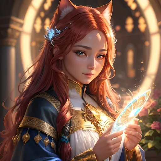 Prompt: oil painting, fantasy, Human girl, tanned-skinned-female, beautiful, red hair, straight hair, cat ears, rosy cheeks, smiling, looking at the viewer| Elemental star cleric wearing intricate glowing blue and white holy robes casting a healing spell, #3238, UHD, hd , 8k eyes, detailed face, big anime dreamy eyes, 8k eyes, intricate details, insanely detailed, masterpiece, cinematic lighting, 8k, complementary colors, golden ratio, octane render, volumetric lighting, unreal 5, artwork, concept art, cover, top model, light on hair colorful glamourous hyperdetailed medieval city background, intricate hyperdetailed breathtaking colorful glamorous scenic view landscape, ultra-fine details, hyper-focused, deep colors, dramatic lighting, ambient lighting god rays, flowers, garden | by sakimi chan, artgerm, wlop, pixiv, tumblr, instagram, deviantart