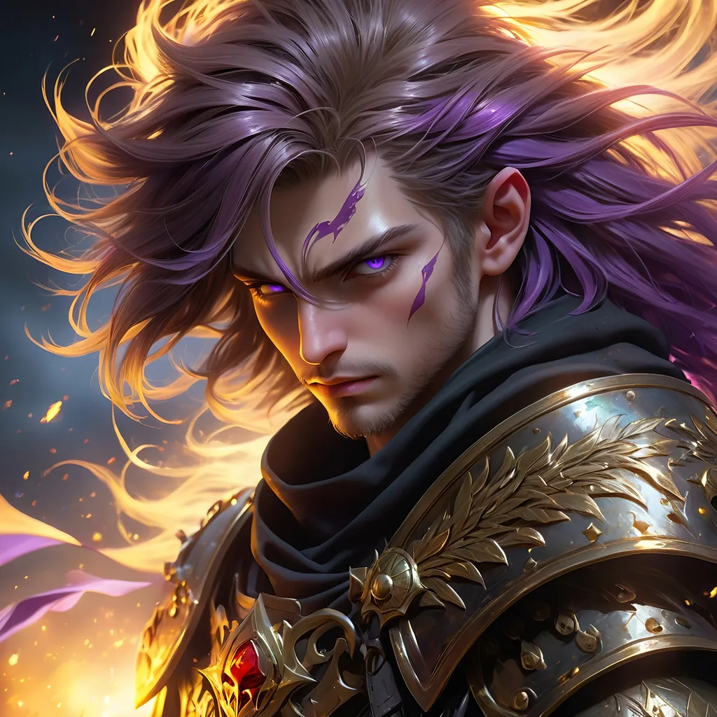 Prompt: Full body visible, oil painting, ((D&D fantasy, older rugged dignified looking pale-skinned-gnome man)), pale-skinned-gnome male, short, clean shaven, ((older rugged handsome detailed face and golden eyes)), ((short rich purple hair, cropped hair)), ready for battle, pointed ears, looking at the viewer, ((warrior wearing intricate Dark Black devil themed armor)), intricate hyper detailed hair, intricate hyper detailed eyelashes, intricate hyper detailed shining pupils #3238, UHD, hd , 8k eyes, detailed face, big anime dreamy eyes, 8k eyes, intricate details, insanely detailed, masterpiece, cinematic lighting, 8k, complementary colors, golden ratio, octane render, volumetric lighting, unreal 5, artwork, concept art, cover, top model, light on hair colorful glamourous hyperdetailed nightime battlefield background, intricate hyperdetailed breathtaking bloodied war torn view landscape, ultra-fine details, hyper-focused, deep colors, dramatic lighting, ambient lighting god rays | by sakimi chan, artgerm, wlop, pixiv, tumblr, instagram, deviantart