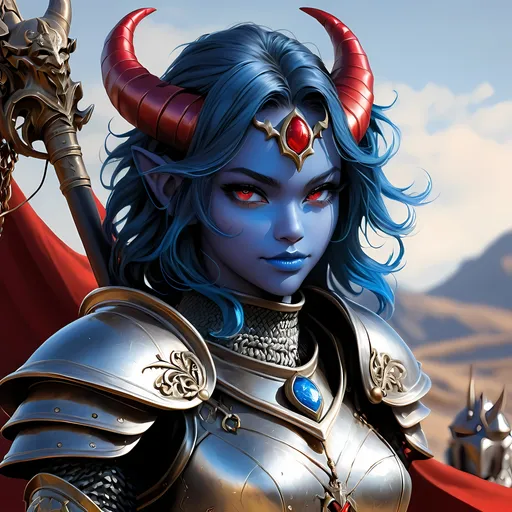 Prompt: Full body visible, oil painting, D&D Fantasy, young 20 years old Tiefling Female, ((Fully blue-skinned-female, blue-skinned-female)), Cleric, ((Beautiful detailed face and Red anime eyes)), Tiefling horns)), short tousled Black hair, Rogueish grin, looking at the viewer, Classic cleric chain mail armour praying in front of a statue, intricate hyper detailed hair, intricate hyper detailed eyelashes, intricate hyper detailed shining pupils, #3238, UHD, hd , 8k eyes, detailed face, big anime dreamy eyes, 8k eyes, intricate details, insanely detailed, masterpiece, cinematic lighting, 8k, complementary colors, golden ratio, octane render, volumetric lighting, unreal 5, artwork, concept art, cover, top model, light on hair colorful glamourous hyperdetailed temple background, intricate hyperdetailed temple background, ultra-fine details, hyper-focused, deep colors, dramatic lighting, ambient lighting | by sakimi chan, artgerm, wlop, pixiv, tumblr, instagram, deviantart