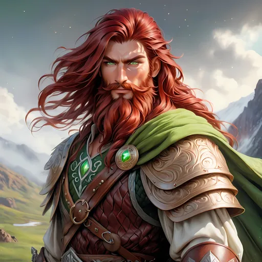 Prompt: Full Body, Side Profile, oil painting, fantasy, a human man with Long braided Dark Red hair and long dark red beard tied with light green eyes, ((handsome detailed face and eyes)), Barrel chested Warrior wearing brown leather adventurer's clothing, Slight knowing smile, intricate hyper detailed hair, intricate hyper detailed eyelashes, intricate hyper detailed shining pupils #3238, UHD, hd , 8k eyes, detailed face, big anime dreamy eyes, 8k eyes, intricate details, insanely detailed, masterpiece, cinematic lighting, 8k, complementary colors, golden ratio, octane render, volumetric lighting, unreal 5, artwork, concept art, cover, top model, light on hair colorful glamourous hyperdetailed, ultra-fine details, intricate detailed mountain top background, hyper-focused, deep colors, dramatic lighting, ambient lighting god rays | by sakimi chan, artgerm, wlop, pixiv, tumblr, instagram, deviantart