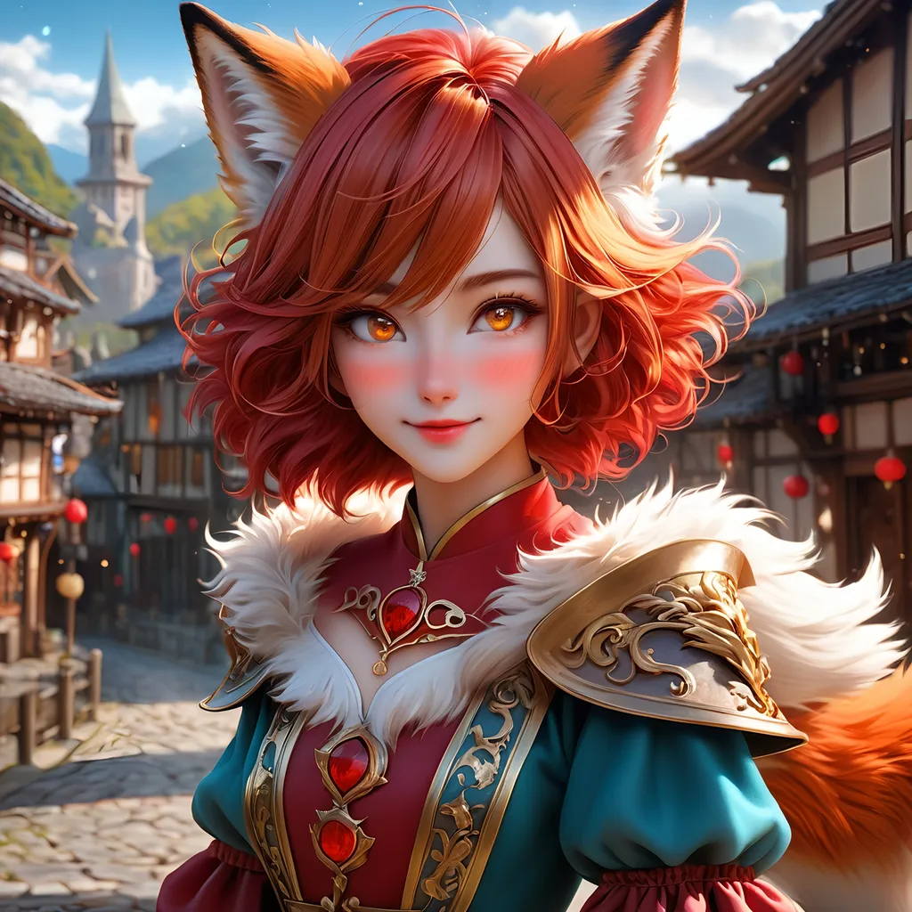 Prompt: Full body visible, oil painting, 26 years old ((anthropomorphic furry fox girl, Fantasy, Kitsune fox girl)), ((anthropomorphic)), detailed fuzzy red fur, ((beautiful detailed face with fox muzzle and anime eyes)), short fiery red pixie cut hair, grinning and pondering the universe, looking into the distance, intricate detailed wizard outfit, intricate hyper detailed hair, intricate hyper detailed eyelashes, intricate hyper detailed shining pupils, #3238, UHD, hd , 8k eyes, detailed face, big anime dreamy eyes, 8k eyes, intricate details, insanely detailed, masterpiece, cinematic lighting, 8k, complementary colors, golden ratio, octane render, volumetric lighting, unreal 5, artwork, concept art, cover, top model, light on hair colorful glamourous hyperdetailed medieval town background, intricate hyperdetailed medieval town background, ultra-fine details, hyper-focused, deep colors, dramatic lighting, ambient lighting | by sakimi chan, artgerm, wlop, pixiv, tumblr, instagram, deviantart