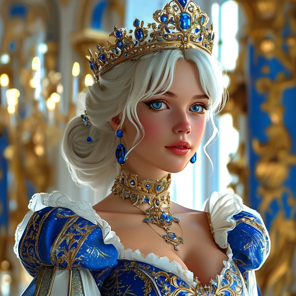 Prompt: Full body visible, D&D Fantasy, 25 years old girl, ((beautiful detailed face and Blue eyes)), straitened brilliant Bright Hazel hair, Regal Noble Determined grin, looking at the viewer, Regal intricate detailed Blue and White Queen's slinky cleavage dress with a small golden crown and a Royal white cape,