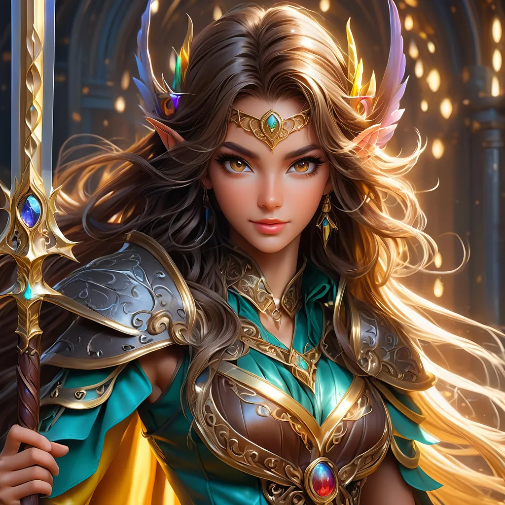 Prompt: Full Body visible, oil painting, D&D fantasy,  ((tanned-skinned-elf noble)), tanned-skinned-female, slender, ((beautiful detailed face and large dark anime eyes)) long wavy dark brown hair, devious smile, pointed ears, looking at the viewer, wearing leather adventurer's outfit with rapier in hand, intricate hyper detailed hair, intricate hyper detailed eyelashes, intricate hyper detailed shining pupils #3238, UHD, hd , 8k eyes, detailed face, big anime dreamy eyes, 8k eyes, intricate details, insanely detailed, masterpiece, cinematic lighting, 8k, complementary colors, golden ratio, octane render, volumetric lighting, unreal 5, artwork, concept art, cover, top model, light on hair colorful glamourous hyperdetailed, intricate hyperdetailed breathtaking colorful  villa, ultra-fine details, hyper-focused, deep colors, dramatic lighting, ambient lighting god rays, | by sakimi chan, artgerm, wlop, pixiv, tumblr, instagram, deviantart