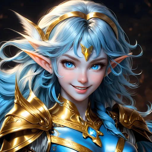 Prompt: Full body visible, oil painting, D&D Fantasy, young 20 years old Elf girl, ((Fully blue-skinned-female, blue-skinned-female, Blue elf ears)), ((beautiful detailed face and glowing gold anime eyes)), short Brilliant Light Blue hair, predatory grin, looking at the viewer, Brown leather armour with a bow, intricate hyper detailed hair, intricate hyper detailed eyelashes, intricate hyper detailed shining pupils, #3238, UHD, hd , 8k eyes, detailed face, big anime dreamy eyes, 8k eyes, intricate details, insanely detailed, masterpiece, cinematic lighting, 8k, complementary colors, golden ratio, octane render, volumetric lighting, unreal 5, artwork, concept art, cover, top model, light on hair colorful glamourous hyperdetailed cave background, intricate hyperdetailed cave background, ultra-fine details, hyper-focused, deep colors, dramatic lighting, ambient lighting | by sakimi chan, artgerm, wlop, pixiv, tumblr, instagram, deviantart