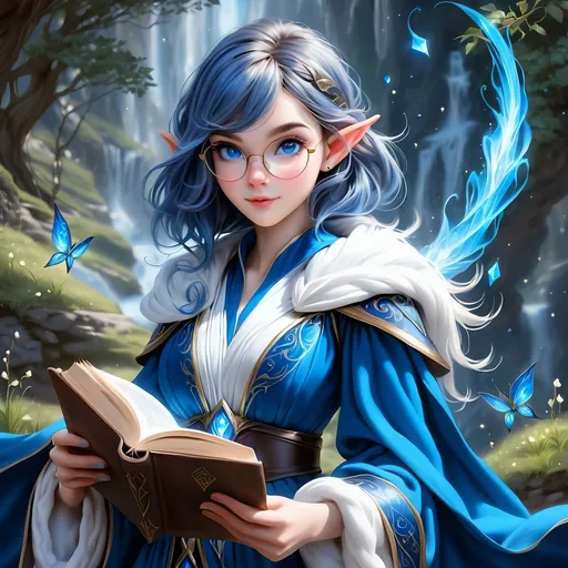 Prompt: Full Body, oil painting, D&D fantasy, very cute, 28 years old elf female ((fair-skinned-elf girl)) wizard, fair-skinned-female, slender, ((beautiful detailed face and large glowing blue eyes)), reading spectacles, rosy cheeks, deep sapphire blue hair in a pixie cut, determined look, pointed ears, looking at the viewer, intricate detailed shapely blue and white flowing wizard robes, intricate hyper detailed hair, intricate hyper detailed eyelashes, intricate hyper detailed shining pupils #3238, UHD, hd , 8k eyes, detailed face, big anime dreamy eyes, 8k eyes, intricate details, insanely detailed, masterpiece, cinematic lighting, 8k, complementary colors, golden ratio, octane render, volumetric lighting, unreal 5, artwork, concept art, cover, top model, light on hair colorful glamourous hyperdetailed wizard's study background, intricate hyperdetailed breathtaking wizard's study background, ultra-fine details, hyper-focused, deep colors, dramatic lighting, ambient lighting god rays, | by sakimi chan, artgerm, wlop, pixiv, tumblr, instagram, deviantart