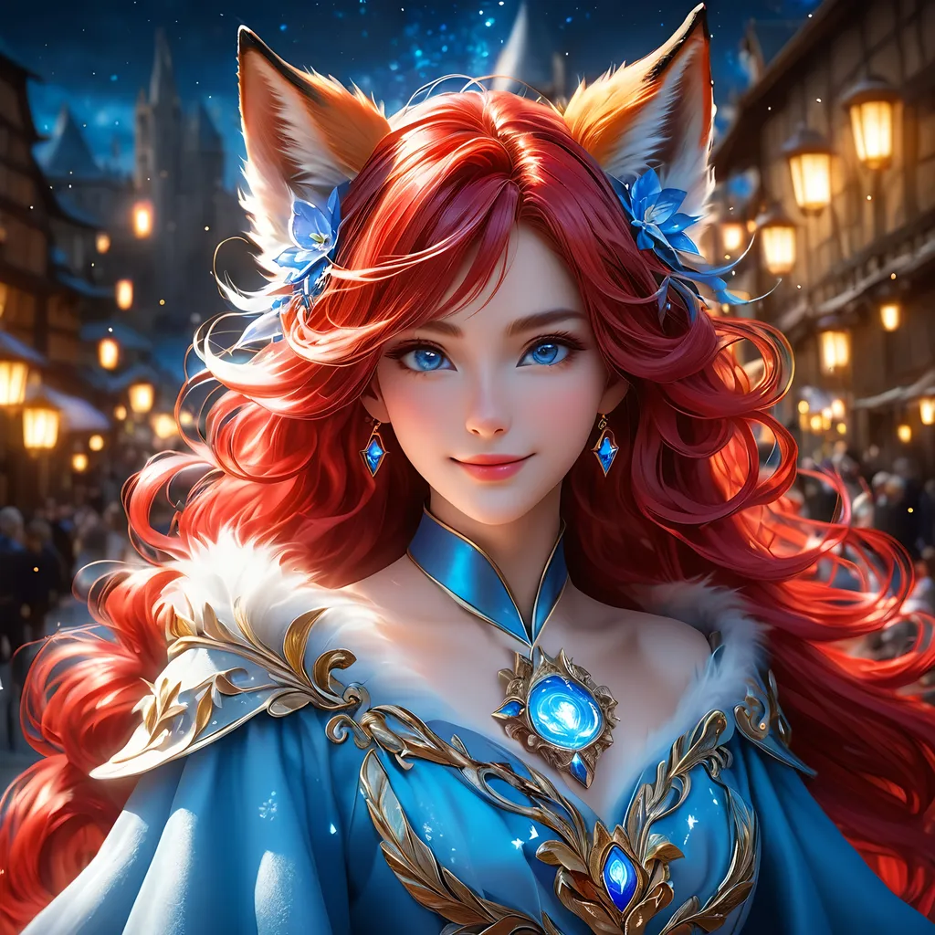 Prompt: full body, oil painting, fantasy, ((furry fox girl)), red-furred-female, ((beautiful detailed face and glowing anime blue eyes)) red hair, straight hair, fox ears, rosy cheeks, smiling, looking at the viewer| Elemental star wizard wearing intricate glowing blue and white dress casting a spell, #3238, UHD, hd , 8k eyes, detailed face, big anime dreamy eyes, 8k eyes, intricate details, insanely detailed, masterpiece, cinematic lighting, 8k, complementary colors, golden ratio, octane render, volumetric lighting, unreal 5, artwork, concept art, cover, top model, light on hair colorful glamourous hyperdetailed medieval city background, intricate hyperdetailed breathtaking colorful glamorous scenic view landscape, ultra-fine details, hyper-focused, deep colors, dramatic lighting, ambient lighting god rays | by sakimi chan, artgerm, wlop, pixiv, tumblr, instagram, deviantart