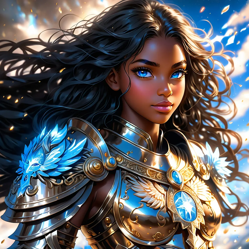 Prompt: Full body visible, oil painting, young 22 years old Human black girl, black-skinned-female, ((beautiful detailed face and glowing anime blue eyes)), long black hair, rosy cheeks, sly grin, looking at the viewer, Paladin wearing full plate armor, raising her holy sword to the sky, intricate hyper detailed hair, intricate hyper detailed eyelashes, intricate hyper detailed shining pupils, #3238, UHD, hd , 8k eyes, detailed face, big anime dreamy eyes, 8k eyes, intricate details, insanely detailed, masterpiece, cinematic lighting, 8k, complementary colors, golden ratio, octane render, volumetric lighting, unreal 5, artwork, concept art, cover, top model, light on hair colorful glamourous hyperdetailed ((Battlefield)) background, intricate hyperdetailed battlefield, ultra-fine details, hyper-focused, deep colors, dramatic lighting, ambient lighting god rays | by sakimi chan, artgerm, wlop, pixiv, tumblr, instagram, deviantart