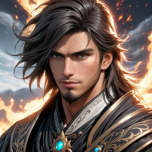 Prompt: Full Body visible, Side Profile, fantasy, tanned-skinned-human ((Male)), tanned-skinned-male, ((handsome detailed face and eyes)) Wziard, Young rugged face, long bright Black hair, and with vibrant Brown eyes with a very stern and serious face looking at the viewer, wearing adventurer's intricate Wizard Robes standing casting a powerful spell on a battlefield surrounded by the dead, intricate hyper detailed hair, intricate hyper detailed eyelashes, intricate hyper detailed shining pupils #3238, UHD, hd , 8k eyes, detailed face, big anime dreamy eyes, 8k eyes, intricate details, insanely detailed, masterpiece, cinematic lighting, 8k, complementary colours, golden ratio, octane render, volumetric lighting, unreal 5, artwork, concept art, cover, top model, light on hair colourful glamorous hyper detailed, intricate hyper detailed breathtaking colourful glamorous battlefield surrounded by the dead, ultra-fine details, hyper-focused, deep colours, dramatic lighting, ambient lighting god rays,