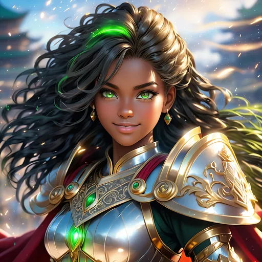 Prompt: Full body, oil painting, young 22 years old Human black girl, black-skinned-female, ((beautiful detailed face and glowing anime green eyes)), dreadlocks black hair, rosy cheeks, smiling, looking at the viewer| shinning silver plate mail holding magical longsword and shield, intricate hyper detailed hair, intricate hyper detailed eyelashes, intricate hyper detailed shining pupils, #3238, UHD, hd , 8k eyes, detailed face, big anime dreamy eyes, 8k eyes, intricate details, insanely detailed, masterpiece, cinematic lighting, 8k, complementary colors, golden ratio, octane render, volumetric lighting, unreal 5, artwork, concept art, cover, top model, light on hair colorful glamourous hyperdetailed battlefield background, intricate hyperdetailed breathtaking colorful glamorous scenic view landscape, ultra-fine details, hyper-focused, deep colors, dramatic lighting, ambient lighting god rays | by sakimi chan, artgerm, wlop, pixiv, tumblr, instagram, deviantart