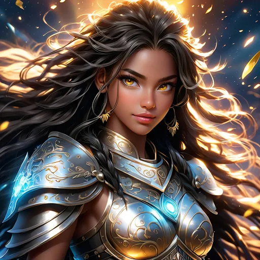 Prompt: Full body, oil painting, young 22 years old Human girl, dark-skinned-female, Holy warrior ((beautiful detailed face and glowing anime eyes)), dreadlocks black hair, rosy cheeks, smiling, looking at the viewer| shinning silver plate mail holding magical longsword and shield, intricate hyper detailed hair, intricate hyper detailed eyelashes, intricate hyper detailed shining pupils, #3238, UHD, hd , 8k eyes, detailed face, big anime dreamy eyes, 8k eyes, intricate details, insanely detailed, masterpiece, cinematic lighting, 8k, complementary colors, golden ratio, octane render, volumetric lighting, unreal 5, artwork, concept art, cover, top model, light on hair colorful glamourous hyperdetailed battlefield background, intricate hyperdetailed breathtaking colorful glamorous scenic view landscape, ultra-fine details, hyper-focused, deep colors, dramatic lighting, ambient lighting god rays | by sakimi chan, artgerm, wlop, pixiv, tumblr, instagram, deviantart