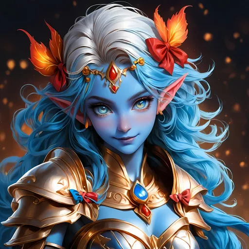 Prompt: Full body visible, oil painting, D&D Fantasy, young 20 years old Gnome girl, ((Fully blue-skinned-female, blue-skinned-female, Blue elf ears)), ((beautiful detailed face and glowing gold anime eyes)), short dyed Vibrant brilliant fiery red hair with brilliant blue highlights and extra long sideburns, predatory grin, looking at the viewer, Cleavage, perky, real, Brown leather armour with a bow, intricate hyper detailed hair, intricate hyper detailed eyelashes, intricate hyper detailed shining pupils, #3238, UHD, hd , 8k eyes, detailed face, big anime dreamy eyes, 8k eyes, intricate details, insanely detailed, masterpiece, cinematic lighting, 8k, complementary colors, golden ratio, octane render, volumetric lighting, unreal 5, artwork, concept art, cover, top model, light on hair colorful glamourous hyperdetailed cave background, intricate hyperdetailed cave background, ultra-fine details, hyper-focused, deep colors, dramatic lighting, ambient lighting | by sakimi chan, artgerm, wlop, pixiv, tumblr, instagram, deviantart