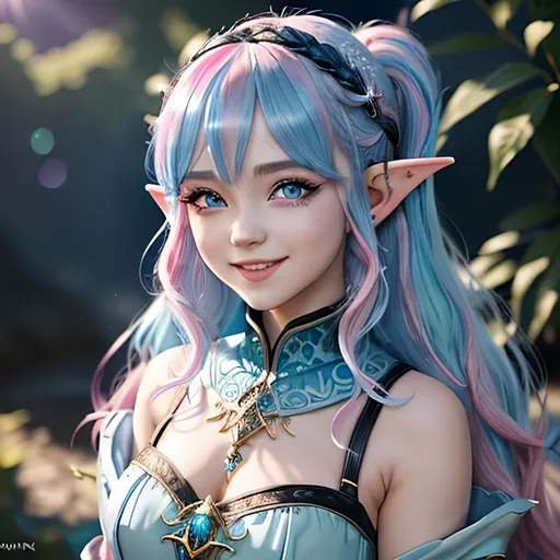 Prompt: masterpiece, splash art, ink painting, beautiful cute pop idol, D&D fantasy, (23 years old) hobbit girl, ((beautiful detailed face and large eyes)), mischievous grin, light blue with bright pink highlights hair, short small pointed ears, smiling looking at the viewer, wearing intricate detailed light blue sorceress dress and ((an intricate dark blue witches hat)) and casting an elemental ice spell, intricate hyper detailed hair, intricate hyper detailed eyelashes, intricate hyper detailed shining pupils #3238, UHD, hd , 8k eyes, detailed face, big anime dreamy eyes, 8k eyes, intricate details, insanely detailed, masterpiece, cinematic lighting, 8k, complementary colors, golden ratio, octane render, volumetric lighting, unreal 5, artwork, concept art, cover, top model, light on hair colorful glamourous hyperdetailed, intricate hyperdetailed breathtaking colorful glamorous scenic view landscape, ultra-fine details, hyper-focused, deep colors, dramatic lighting, ambient lighting god rays | by sakimi chan, artgerm, wlop, pixiv, tumblr, instagram, deviantart