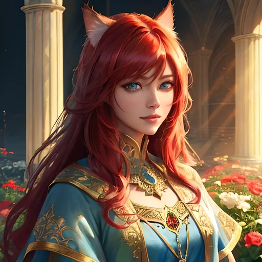 Prompt: oil painting, fantasy, Human girl, tanned-skinned-female, beautiful, red hair, straight hair, cat ears, rosy cheeks, smiling, looking at the viewer| Elemental star cleric wearing intricate glowing blue and white holy robes casting a healing spell, #3238, UHD, hd , 8k eyes, detailed face, big anime dreamy eyes, 8k eyes, intricate details, insanely detailed, masterpiece, cinematic lighting, 8k, complementary colors, golden ratio, octane render, volumetric lighting, unreal 5, artwork, concept art, cover, top model, light on hair colorful glamourous hyperdetailed medieval city background, intricate hyperdetailed breathtaking colorful glamorous scenic view landscape, ultra-fine details, hyper-focused, deep colors, dramatic lighting, ambient lighting god rays, flowers, garden | by sakimi chan, artgerm, wlop, pixiv, tumblr, instagram, deviantart