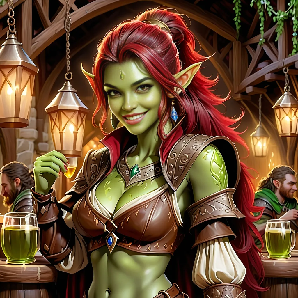 Prompt: Full Body, oil painting, D&D fantasy, very cute, 22 years old orc female ((green-skinned-orc girl)) Bard, green-skinned-female, ((beautiful detailed face and large glowing red eyes)), Pious, rosy cheeks and nose,  long rich dark hair, small pointed ears, ((large tusks)), Happy laughing and singing in a medieval tavern, intricate detailed shapely ((leather bard clothes)), intricate hyper detailed hair, intricate hyper detailed eyelashes, intricate hyper detailed shining pupils #3238, UHD, hd , 8k eyes, detailed face, big anime dreamy eyes, 8k eyes, intricate details, insanely detailed, masterpiece, cinematic lighting, 8k, complementary colors, golden ratio, octane render, volumetric lighting, unreal 5, artwork, concept art, cover, top model, light on hair colorful glamourous hyperdetailed  inside of a Tavern background, intricate hyperdetailed inside of a Tavern background, ultra-fine details, hyper-focused, deep colors, dramatic lighting, ambient lighting god rays, | by sakimi chan, artgerm, wlop, pixiv, tumblr, instagram, deviantart